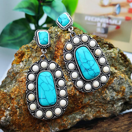 New Turquoise Earrings Retro Inlaid Natural Turquoise Exaggerated Earrings