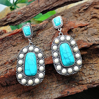 New Turquoise Earrings Retro Inlaid Natural Turquoise Exaggerated Earrings