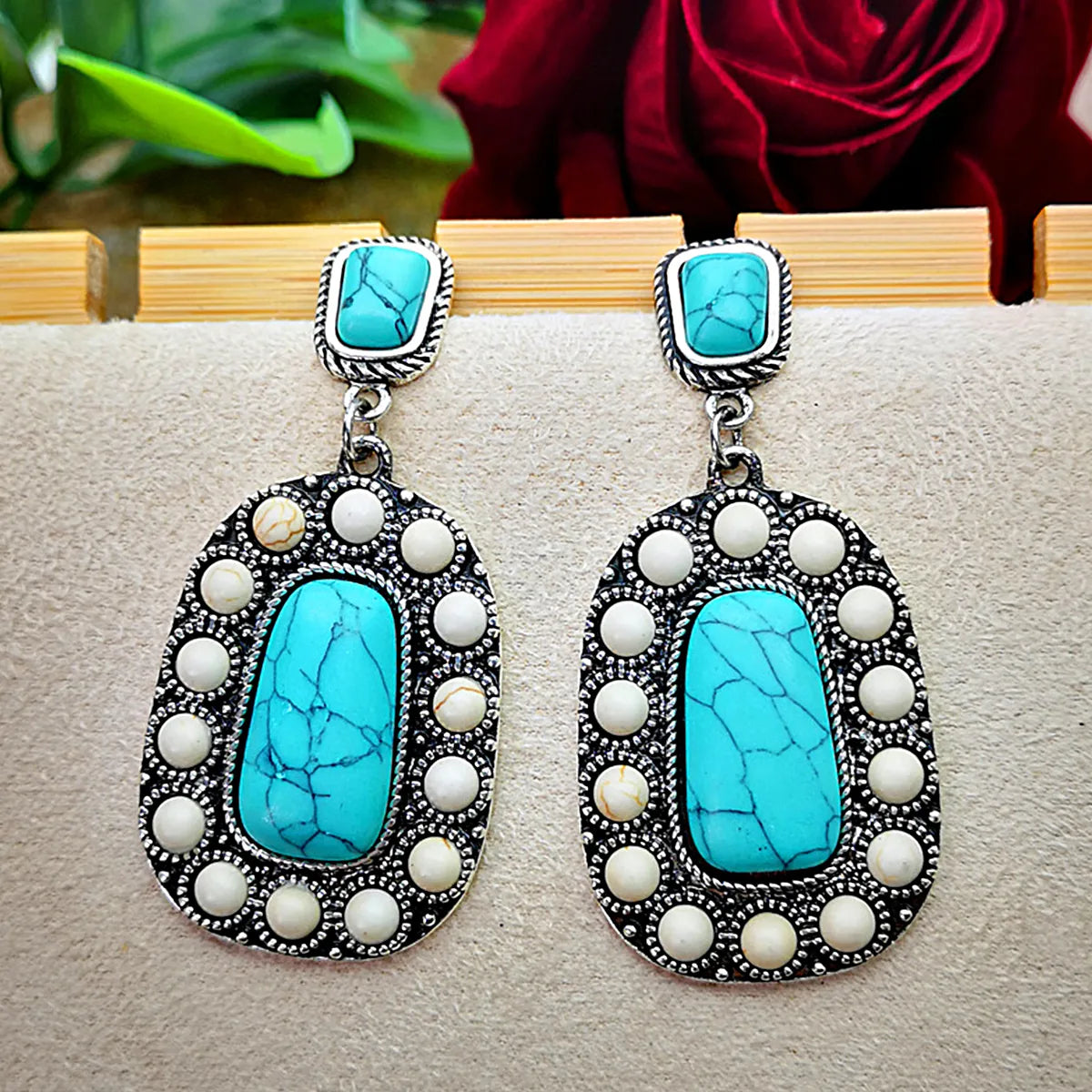 New Turquoise Earrings Retro Inlaid Natural Turquoise Exaggerated Earrings