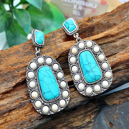 New Turquoise Earrings Retro Inlaid Natural Turquoise Exaggerated Earrings