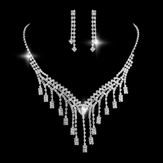 New Wedding Women's Long Diamond Necklace Earrings Bracelet Set