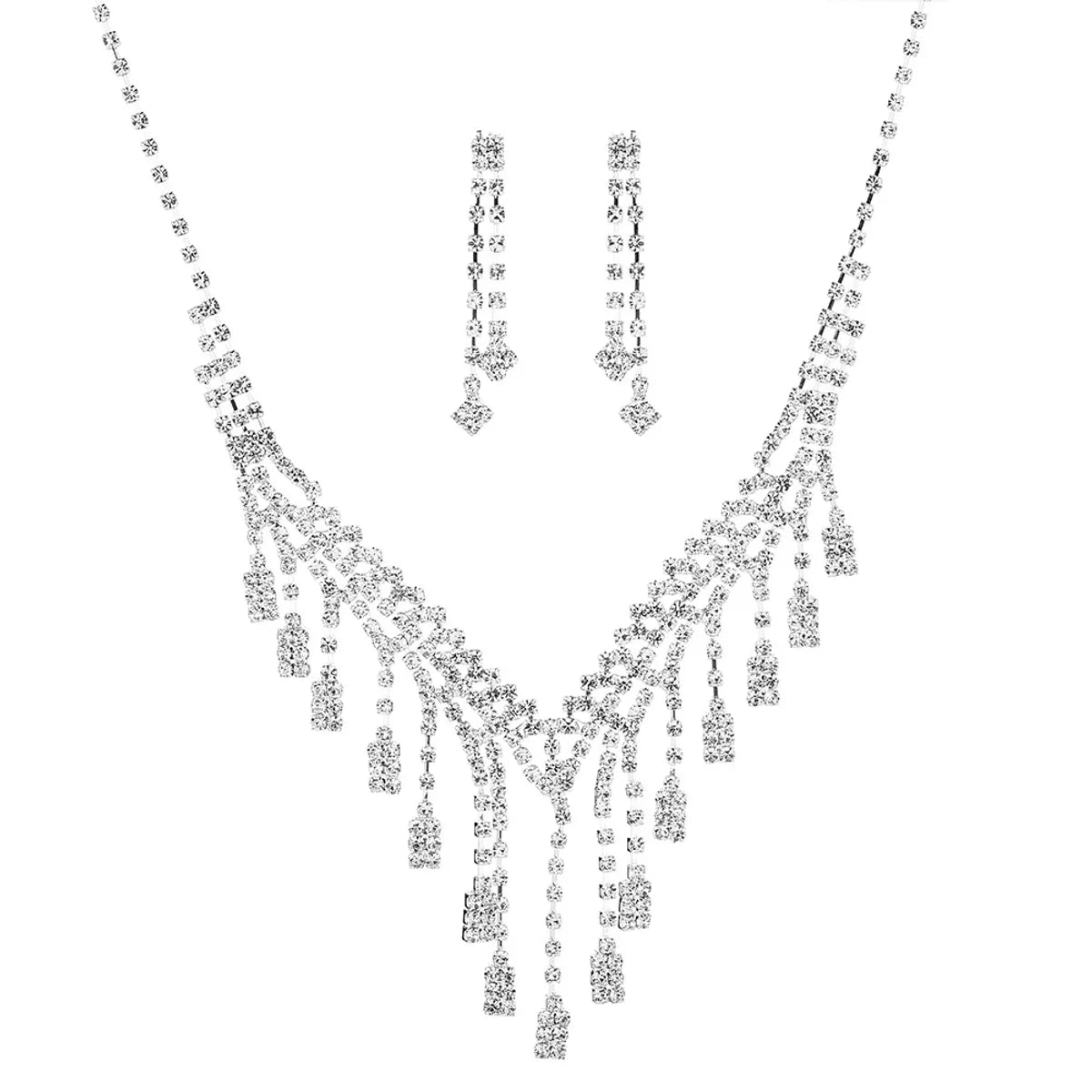 New Wedding Women's Long Diamond Necklace Earrings Bracelet Set