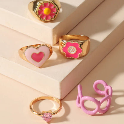 New Zircon Flower Heart Ring 5-piece Set Geometric Hollow Index Finger Ring Set