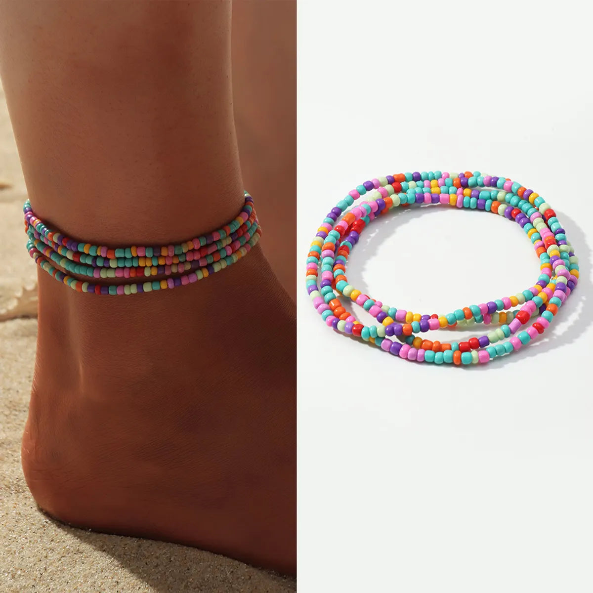 Gooddiy Simple Braided Geometric Hit Color Rice Bead Elastic Anklet Wholesale Jewelry