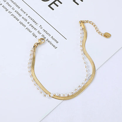 Gooddiy Stainless Steel Snake Bone Pearl Chain Double-layer Bracelet Wholesale Jewelry