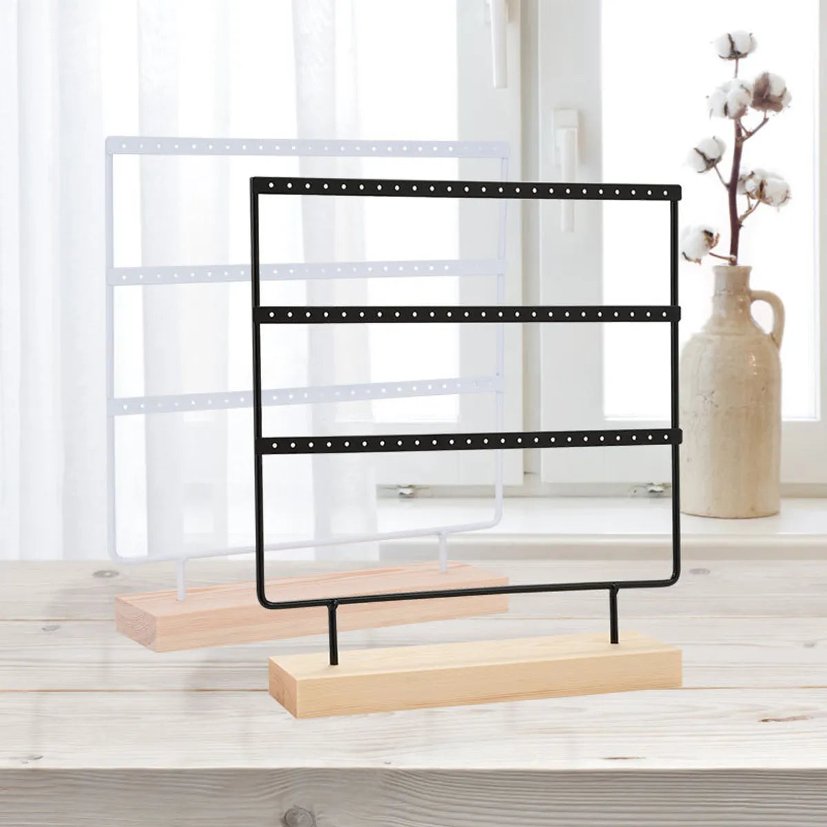 Nordic Style 72-Hole 69-Hole 3-Layer Tape Wooden Base Paint Metal Wrought Iron Jewelry Rack