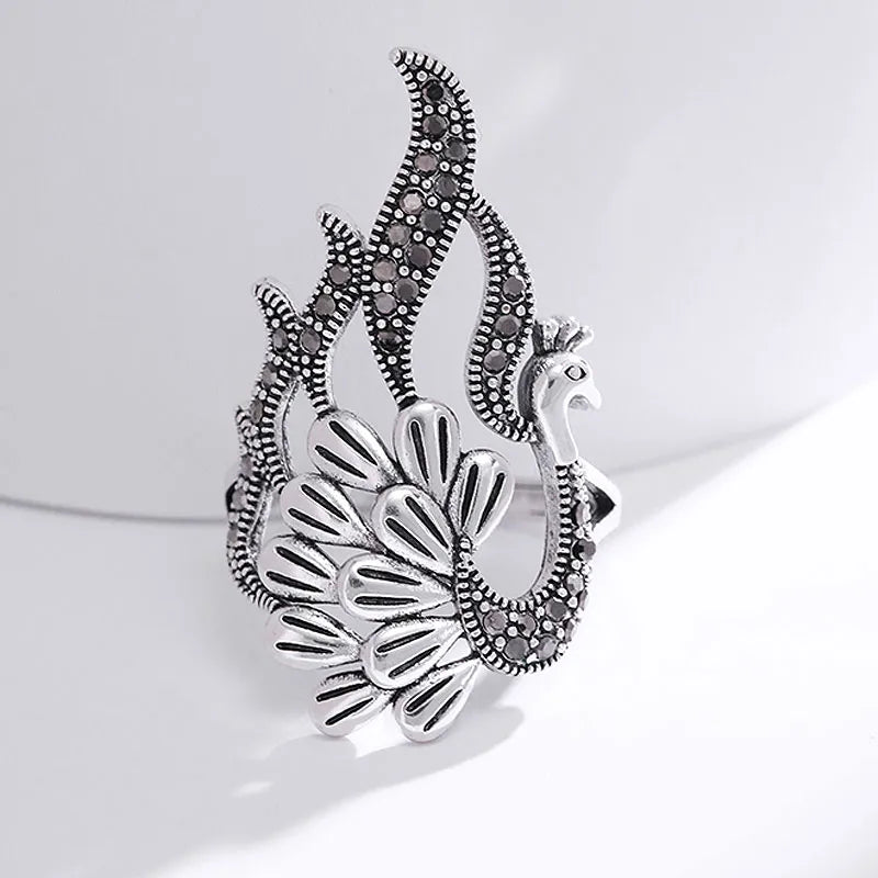 Novelty Ethnic Style Peacock Sterling Silver Inlay Zircon Rings