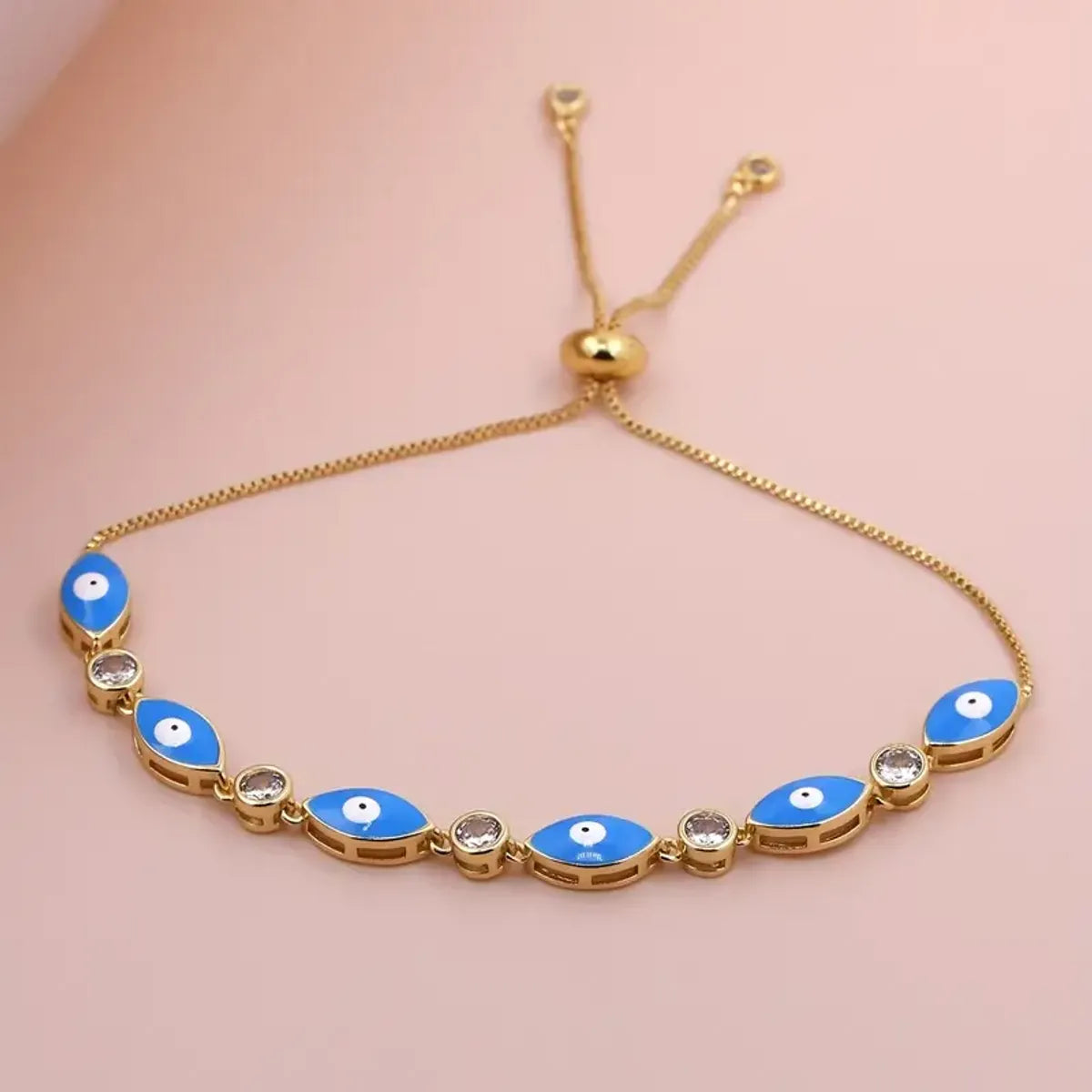 Novelty Eye Copper Enamel Plating Inlay Zircon 18k Gold Plated Drawstring Bracelets