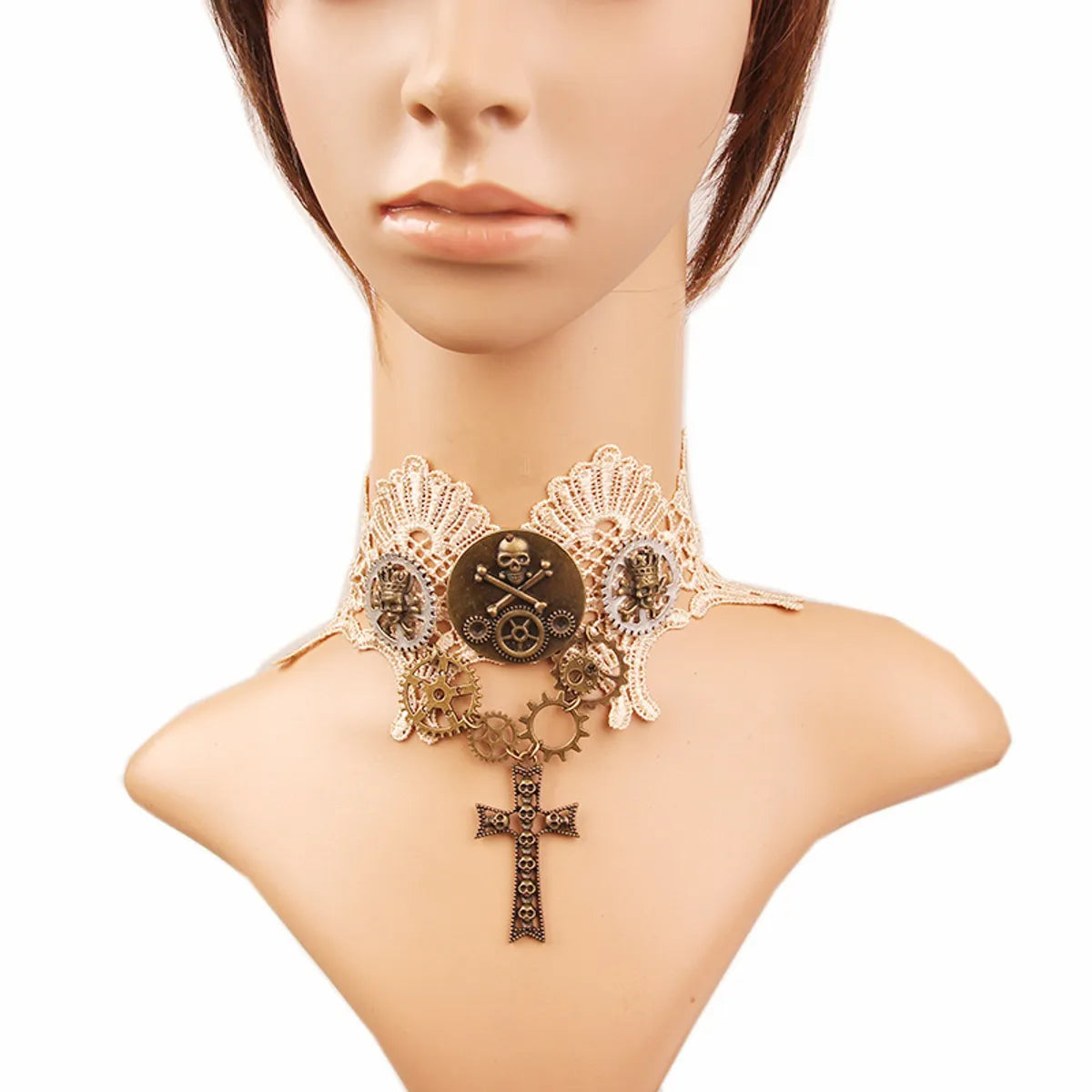 Novelty Punk Cross Skull Gear Alloy Lace Halloween Women'S Choker