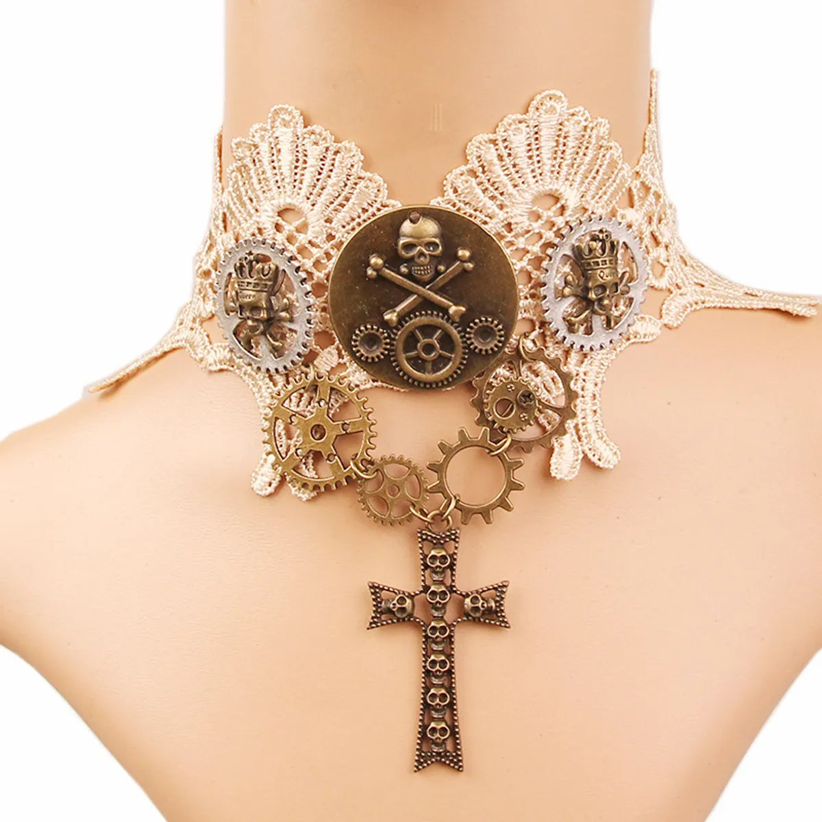 Novelty Punk Cross Skull Gear Alloy Lace Halloween Women'S Choker