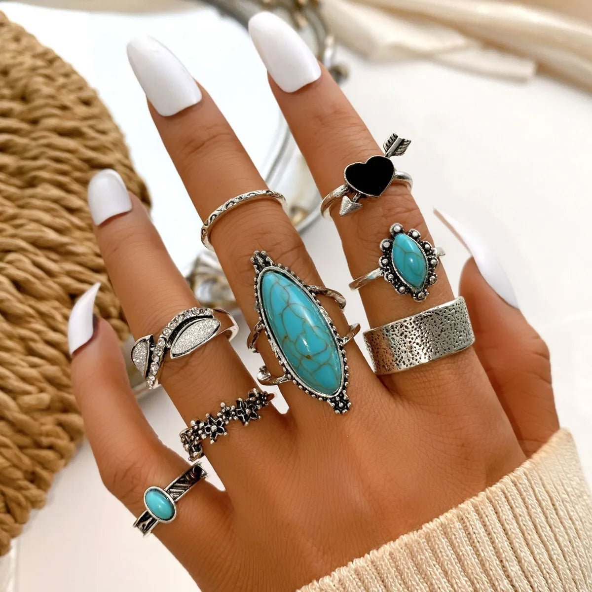 Novelty Round Alloy Plating Inlay Turquoise Women'S Rings