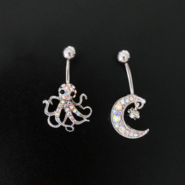 Novelty Streetwear Animal Moon Stainless Steel Plating Inlay Rhinestones White Gold Plated Belly Ring