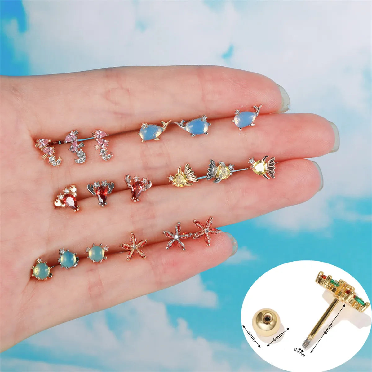 Ocean Series Ear Bone Nail Lock Ball Piercing Seahorse Starfish Earrings