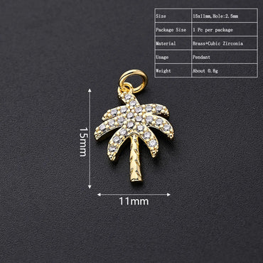 One Pack 11 * 15mm Hole 2~2.9mm Copper Zircon Gold Plated Coconut Tree Polished Pendant