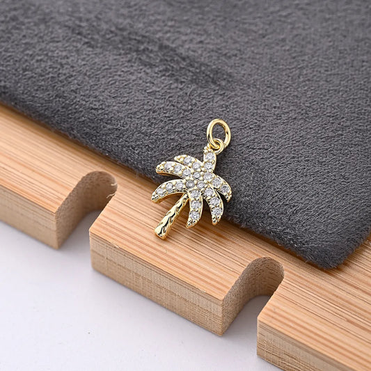 One Pack 11 * 15mm Hole 2~2.9mm Copper Zircon Gold Plated Coconut Tree Polished Pendant