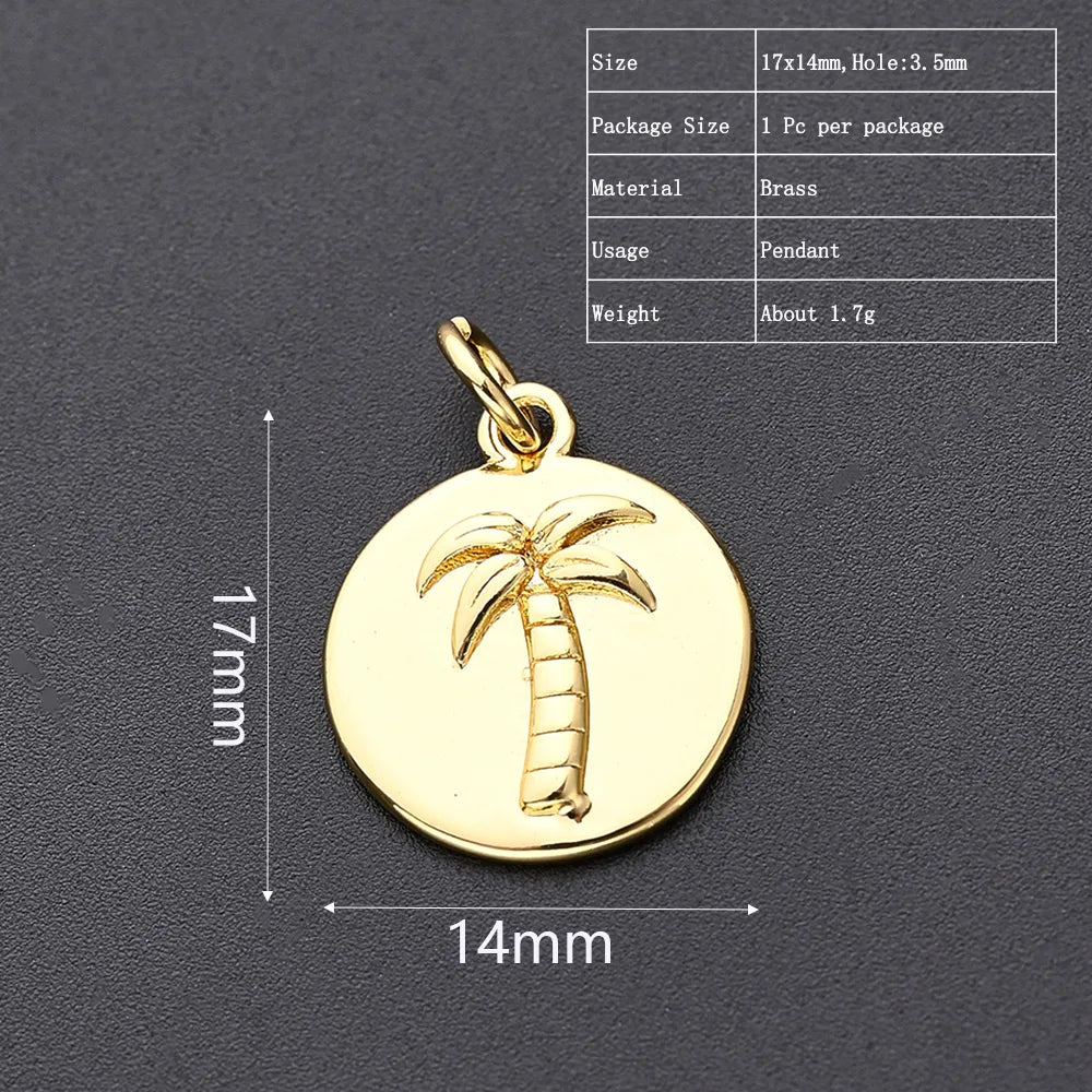 One Pack 13.5*15.5mm 14*17mm Hole 3~3.9mm Copper Gold Plated Round Coconut Tree Eagle Polished Pendant