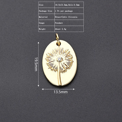 One Pack 13.5*19.5mm Hole 3~3.9mm Copper Zircon Gold Plated Oval Simple Dandelion Polished Pendant