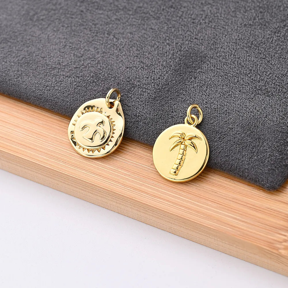 One Pack 13.5*15.5mm 14*17mm Hole 3~3.9mm Copper Gold Plated Round Coconut Tree Eagle Polished Pendant