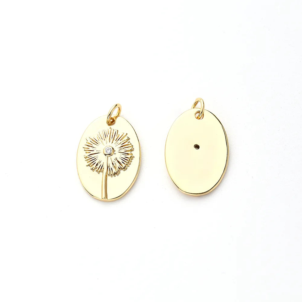 One Pack 13.5*19.5mm Hole 3~3.9mm Copper Zircon Gold Plated Oval Simple Dandelion Polished Pendant