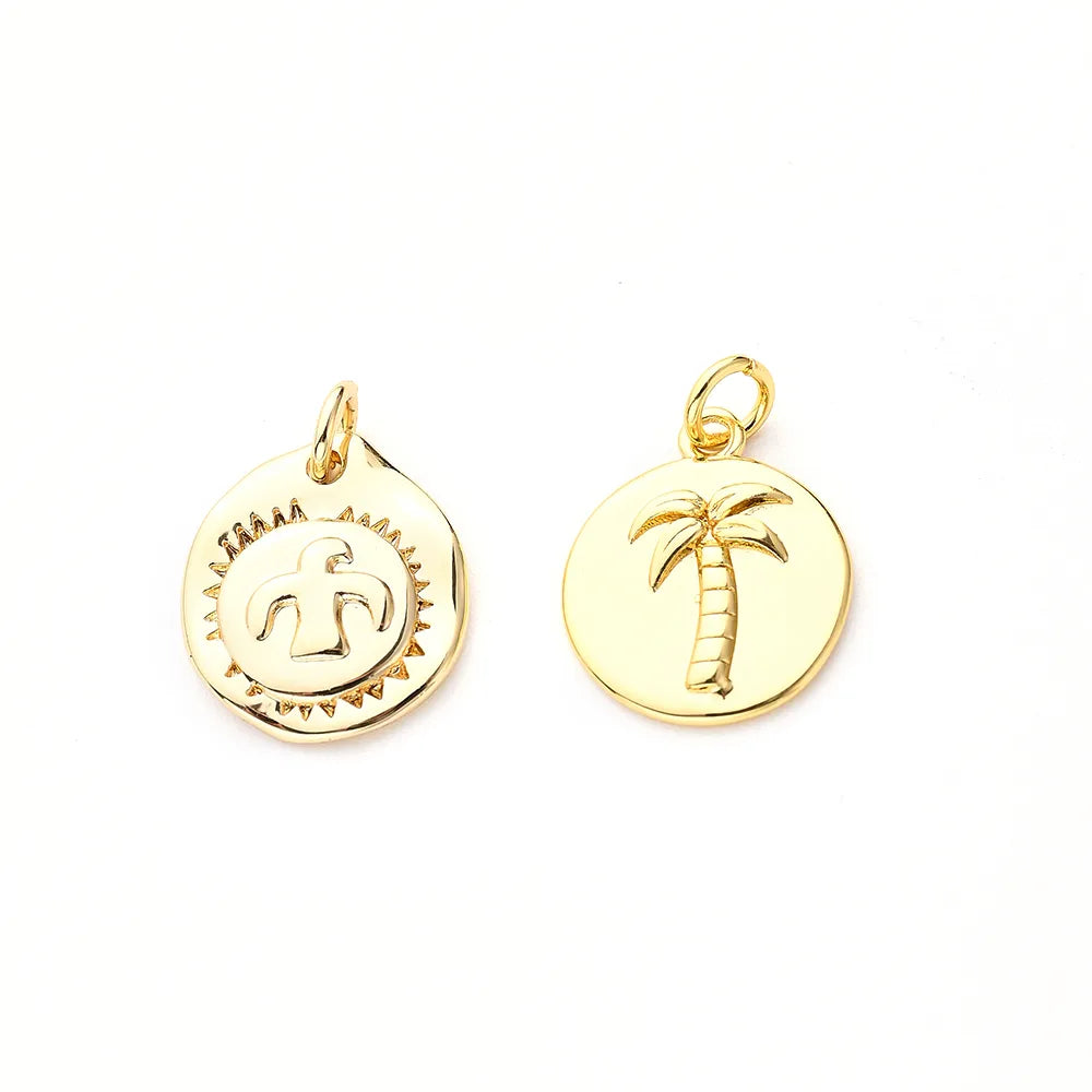 One Pack 13.5*15.5mm 14*17mm Hole 3~3.9mm Copper Gold Plated Round Coconut Tree Eagle Polished Pendant