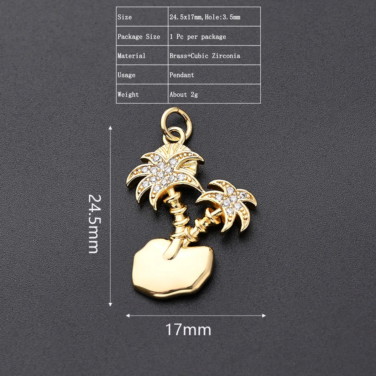 One Pack 17*24.5mm Hole 3~3.9mm Copper Zircon Gold Plated Coconut Tree Polished Pendant