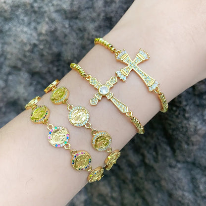 Original Design Streetwear Cross Copper Beaded Plating Inlay Zircon 18k Gold Plated Bracelets