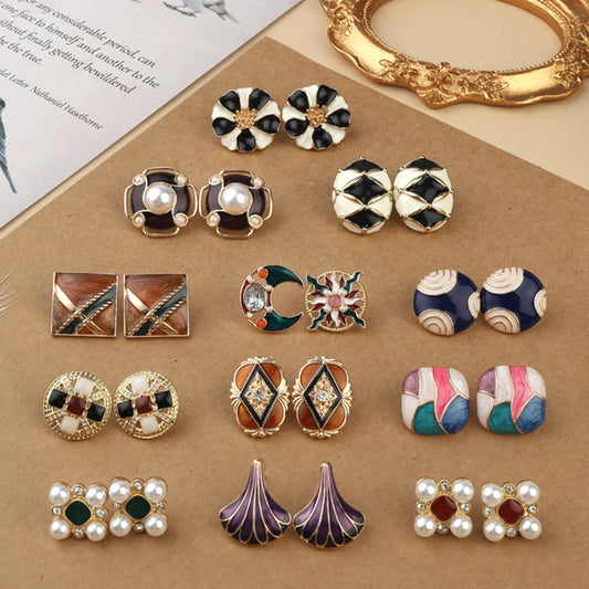 Palace Style Luxury Colored Enamel Glaze 925 Silver Stud Earrings Female Vintage Retro Hong Kong Style Middle Ancient Earrings Jewelry