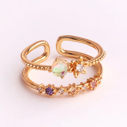 Pastoral Flower Copper Plating Inlay Zircon Open Ring 1 Piece