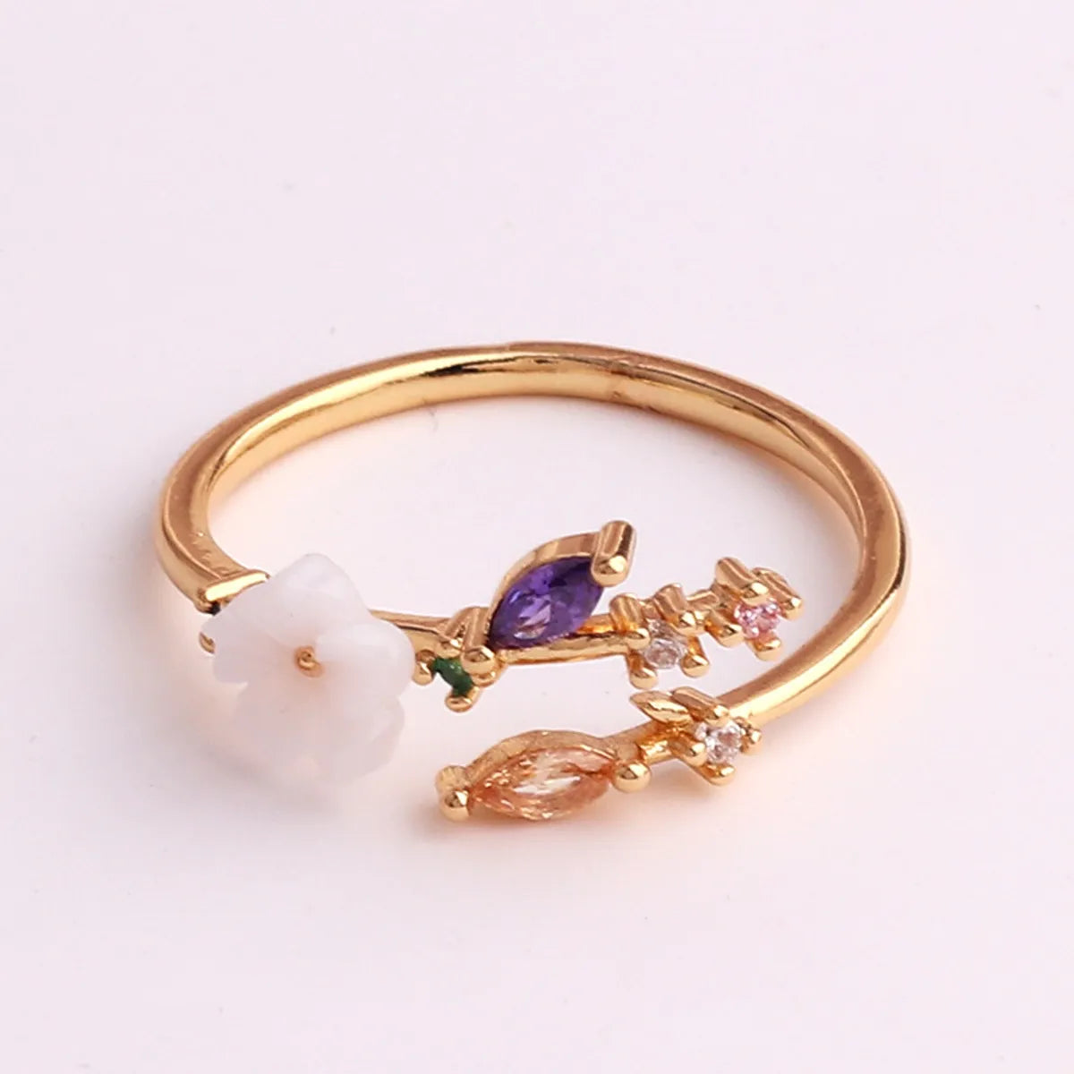 Pastoral Flower Copper Plating Inlay Zircon Open Ring 1 Piece