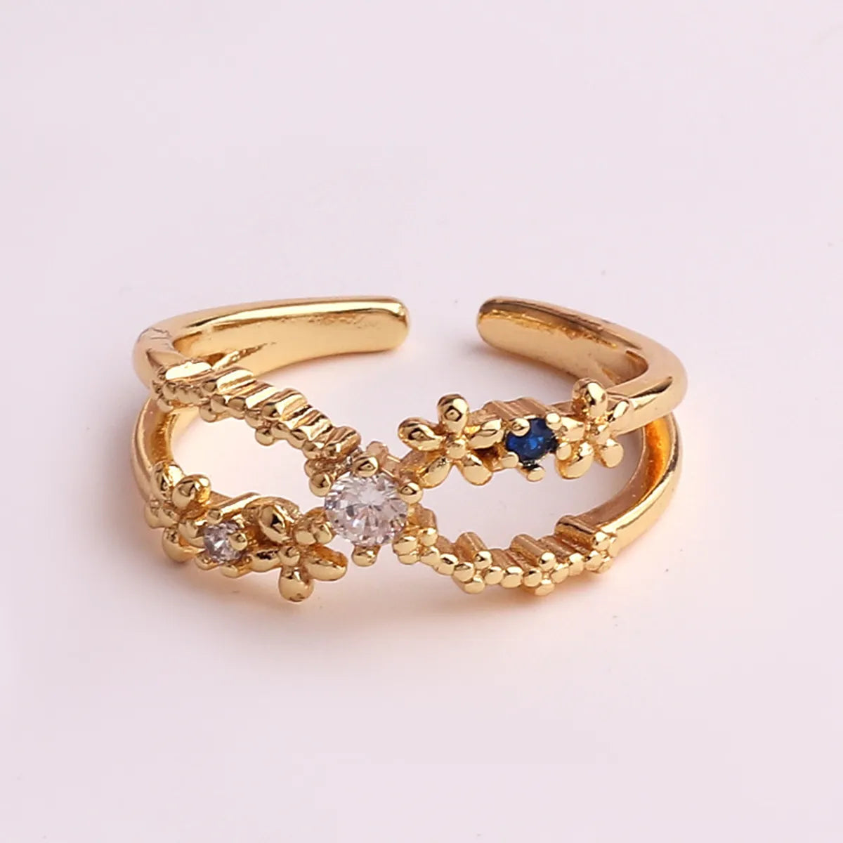 Pastoral Flower Copper Plating Inlay Zircon Open Ring 1 Piece