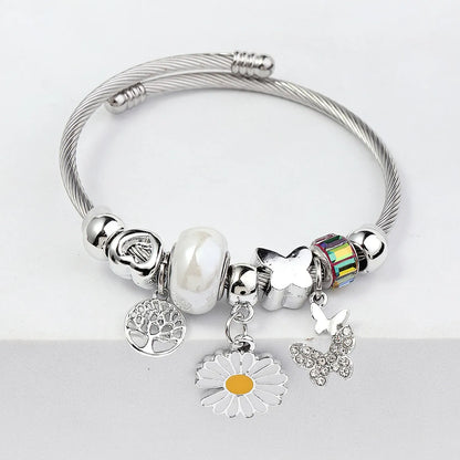 Pastoral Life Tree Butterfly Daisy 304 Stainless Steel Alloy Plastic Wholesale Bangle