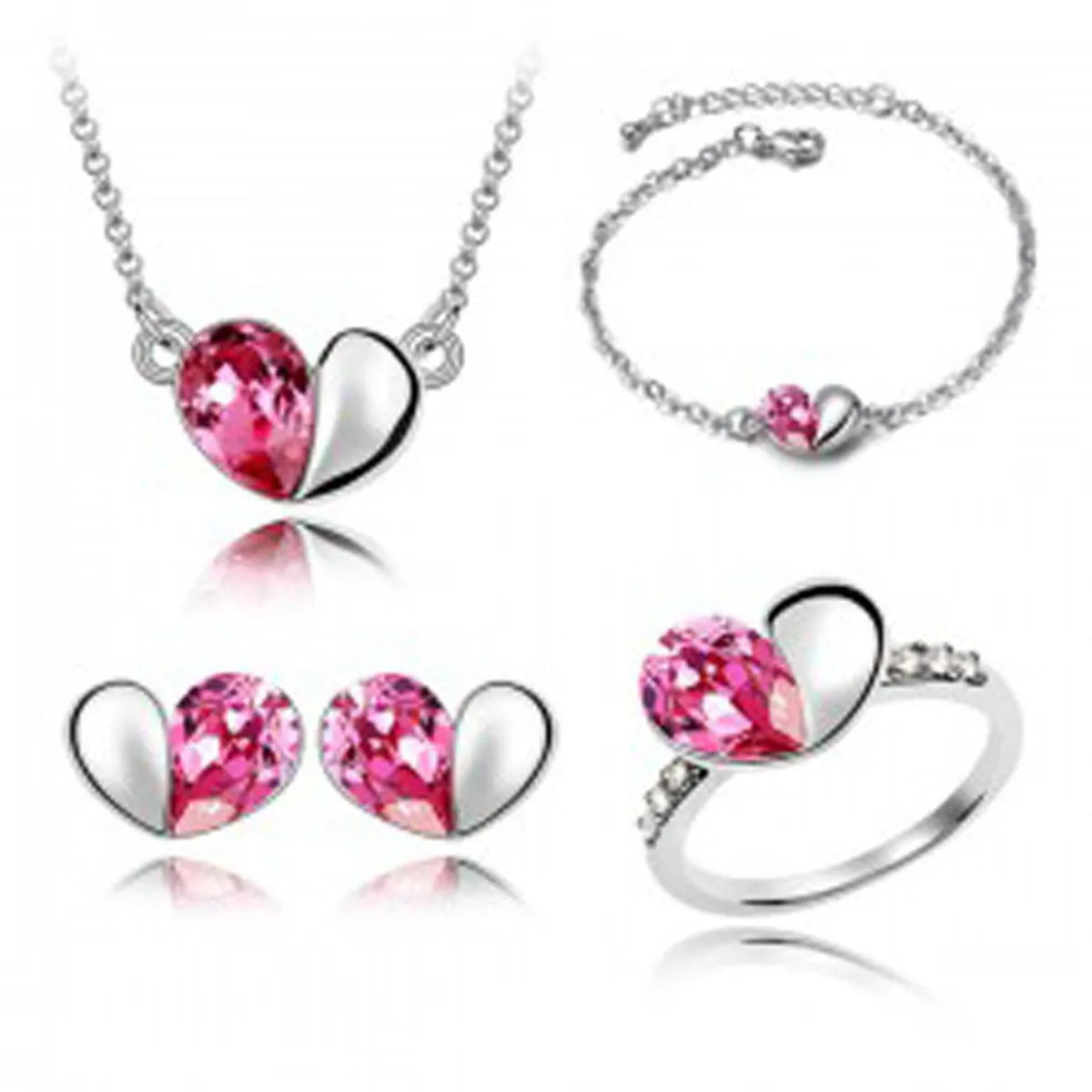 Peach Heart Crystal Pendant Necklace Bracelet Ring Stud Earrings Four-Piece Set