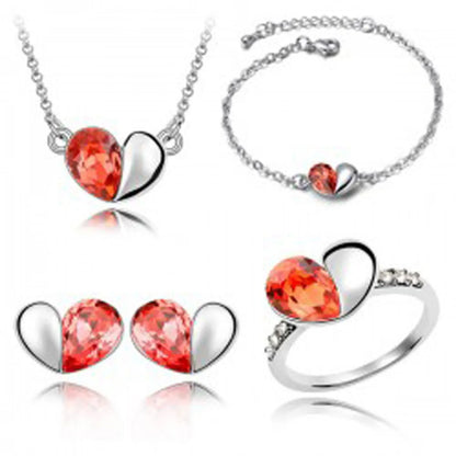 Peach Heart Crystal Pendant Necklace Bracelet Ring Stud Earrings Four-Piece Set