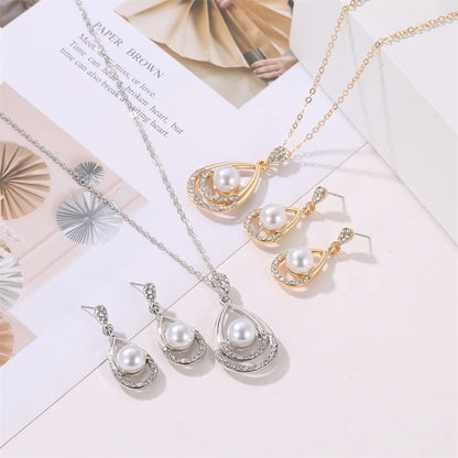 Pearl Jewelry Set Temperament Droplet Necklace Earrings Two Pieces Personality Elegant Bridal Earrings