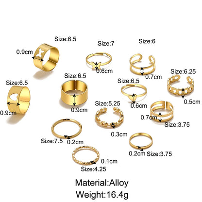 Personality Butterfly Rings Hollow Love Joint Ring Alloy Simple Open Ring Set 12 Pieces