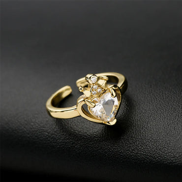 Personality Crown Love Zircon Ring Copper Plated Gold Opening Adjustable Ring