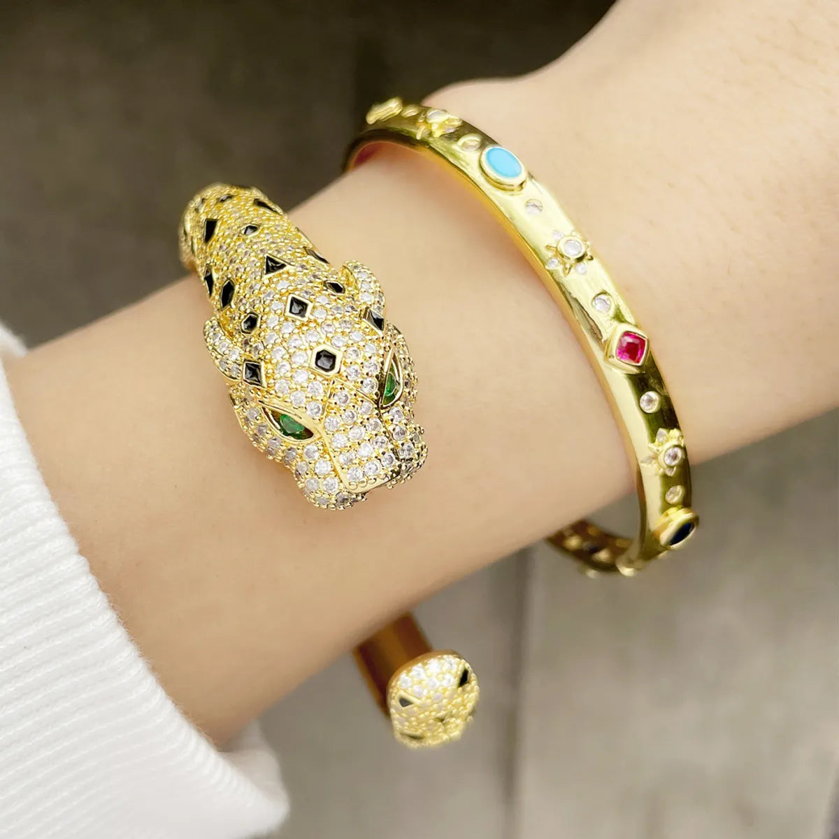 Personality Exaggerated Leopard Head Bracelet Inlaid Color Zircon Copper Bracelet