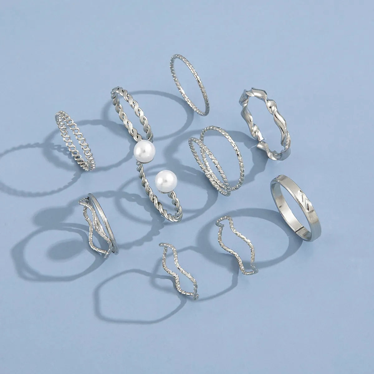 Personality Trend Simple Wave Twist Open Pearl Joint Ten-Piece Ring