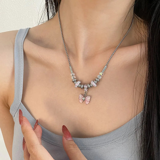 Pink Bow Beaded Thread Necklace For Women 2023 New Summer Sweet Cool Hot Girl Y2g Pendant Clavicle Chain