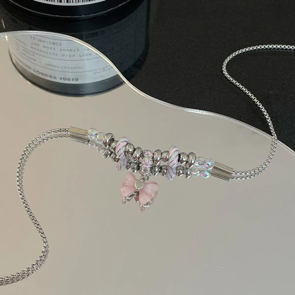 Pink Bow Beaded Thread Necklace For Women 2023 New Summer Sweet Cool Hot Girl Y2g Pendant Clavicle Chain