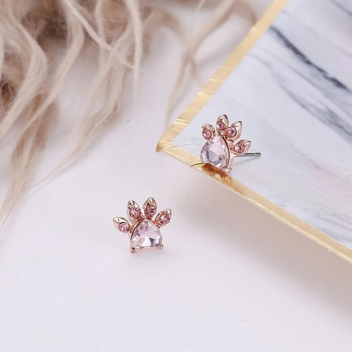 Pink Crystal Zircon Cat Paw Print Cat Ear Studs