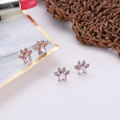 Pink Crystal Zircon Cat Paw Print Cat Ear Studs