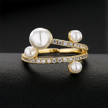 Plated 18k Gold Micro-encrusted Zircon Pearl Geometric Open Copper Ring Female