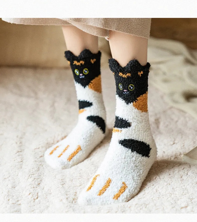 Plush Socks Female Autumn And Winter Coral Fleece Plus Velvet Thickening Cat Claw Socks 3 Pairs Starting Batch