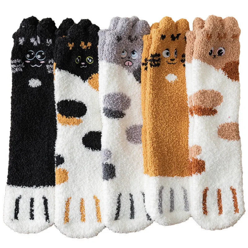 Plush Socks Female Autumn And Winter Coral Fleece Plus Velvet Thickening Cat Claw Socks 3 Pairs Starting Batch