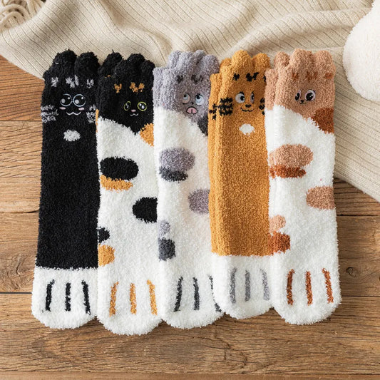 Plush Socks Female Autumn And Winter Coral Fleece Plus Velvet Thickening Cat Claw Socks 3 Pairs Starting Batch