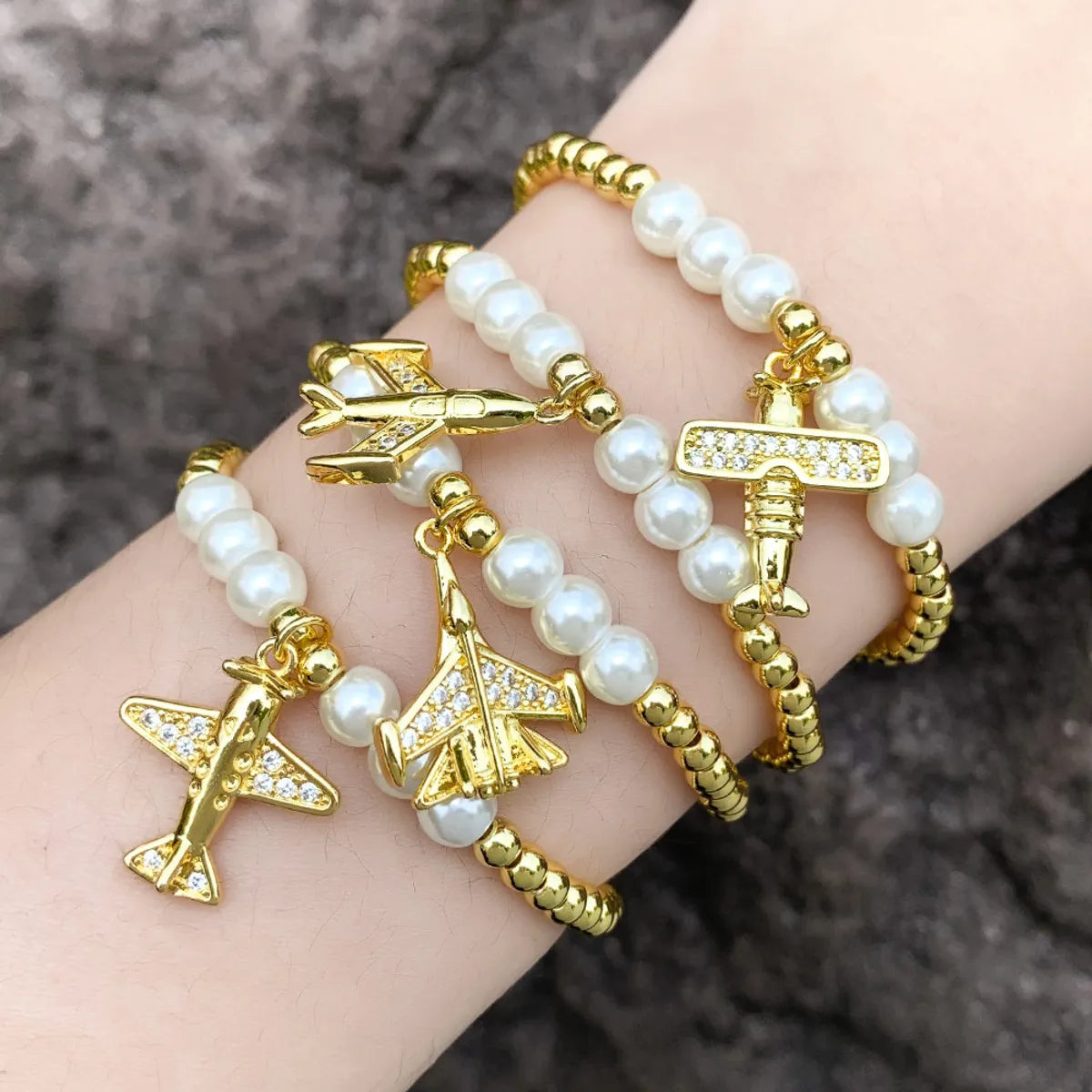 Preppy Style Modern Style Airplane Zircon Baroque Pearls Copper Wholesale Bracelets