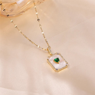 Princess Cute Commute Heart Shape Rectangle Stainless Steel Brass 18k Gold Plated Shell Zircon Pendant Necklace In Bulk