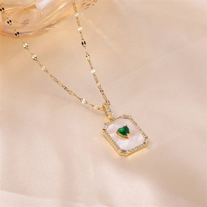 Princess Cute Commute Heart Shape Rectangle Stainless Steel Brass 18k Gold Plated Shell Zircon Pendant Necklace In Bulk