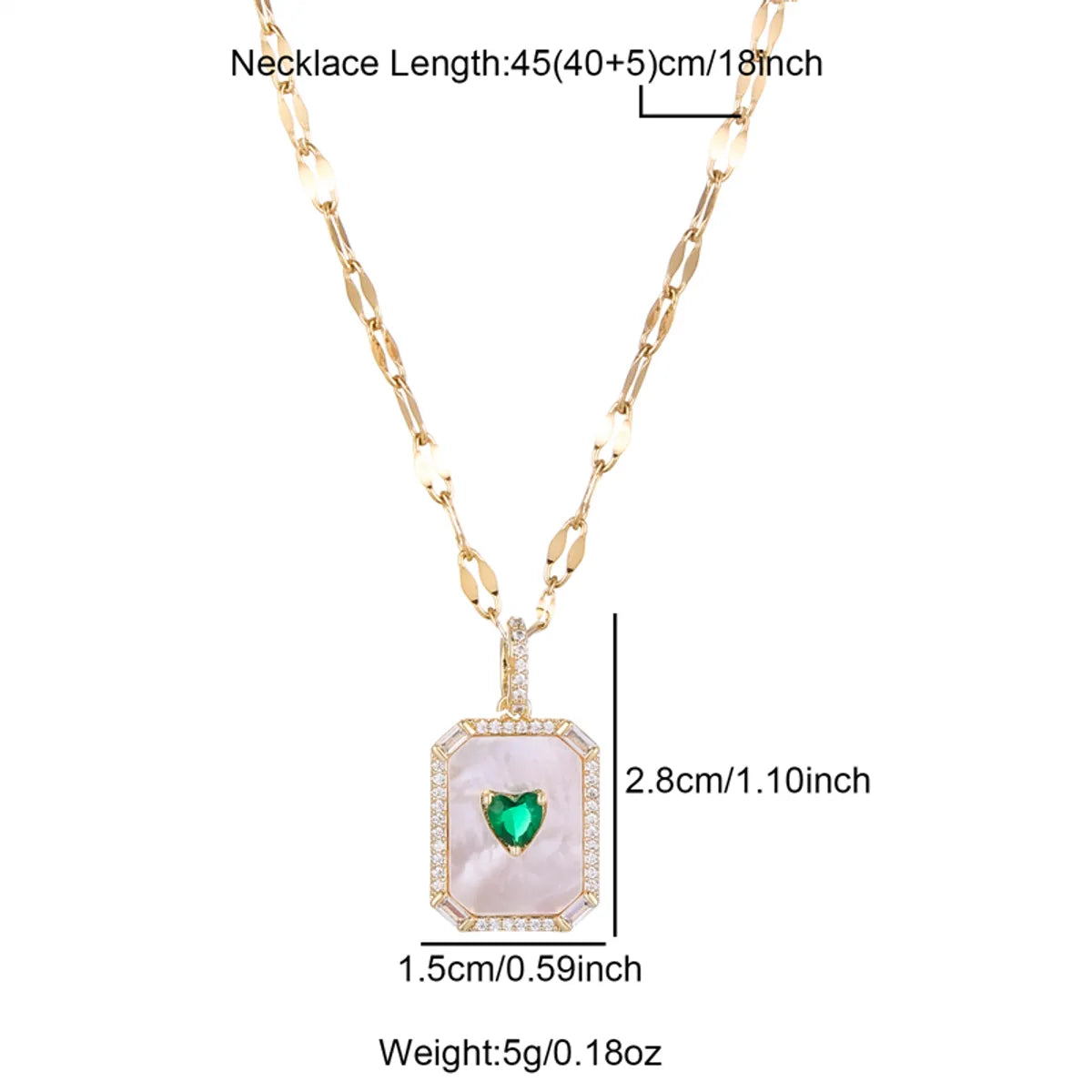 Princess Cute Commute Heart Shape Rectangle Stainless Steel Brass 18k Gold Plated Shell Zircon Pendant Necklace In Bulk